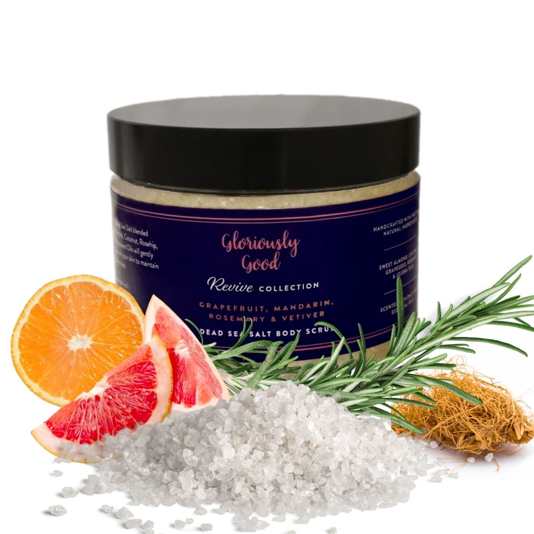 Naturlig kroppsskrubb med Döda Havssalt – Grapefrukt, Mandarin, Rosmarin & Vetiver