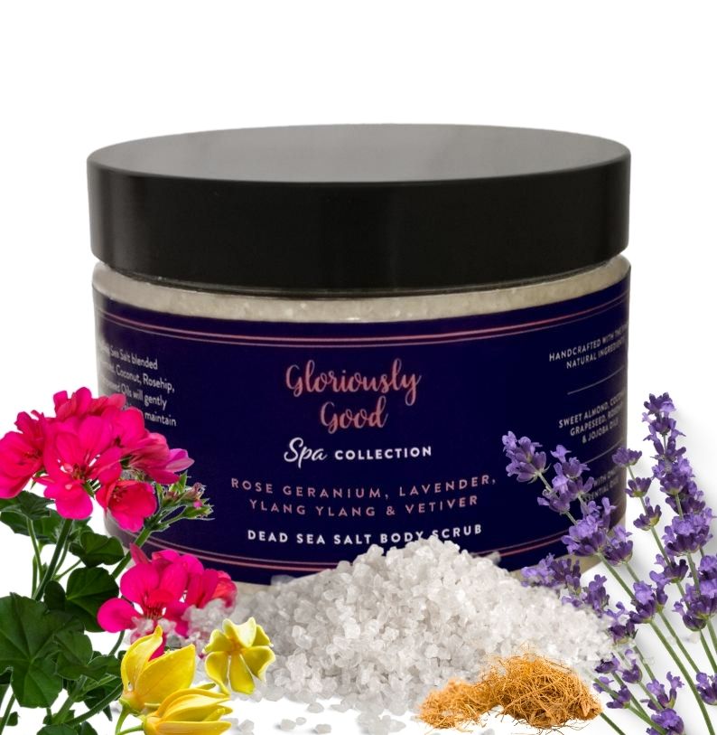 Body Scrub med Döda havssalt – Rosengeranium, Lavendel, Ylang Ylang & Vetiver